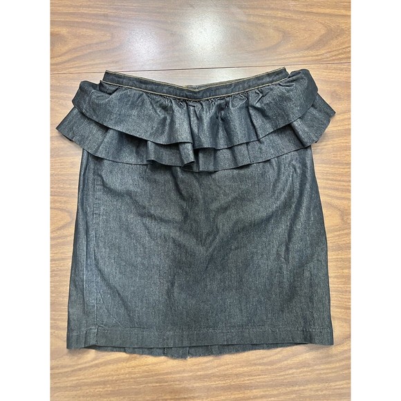 Bisou Bisou Denim Straight Ruffles Knee Length Pencil Skirt Women Size 12 Slit - Picture 1 of 10